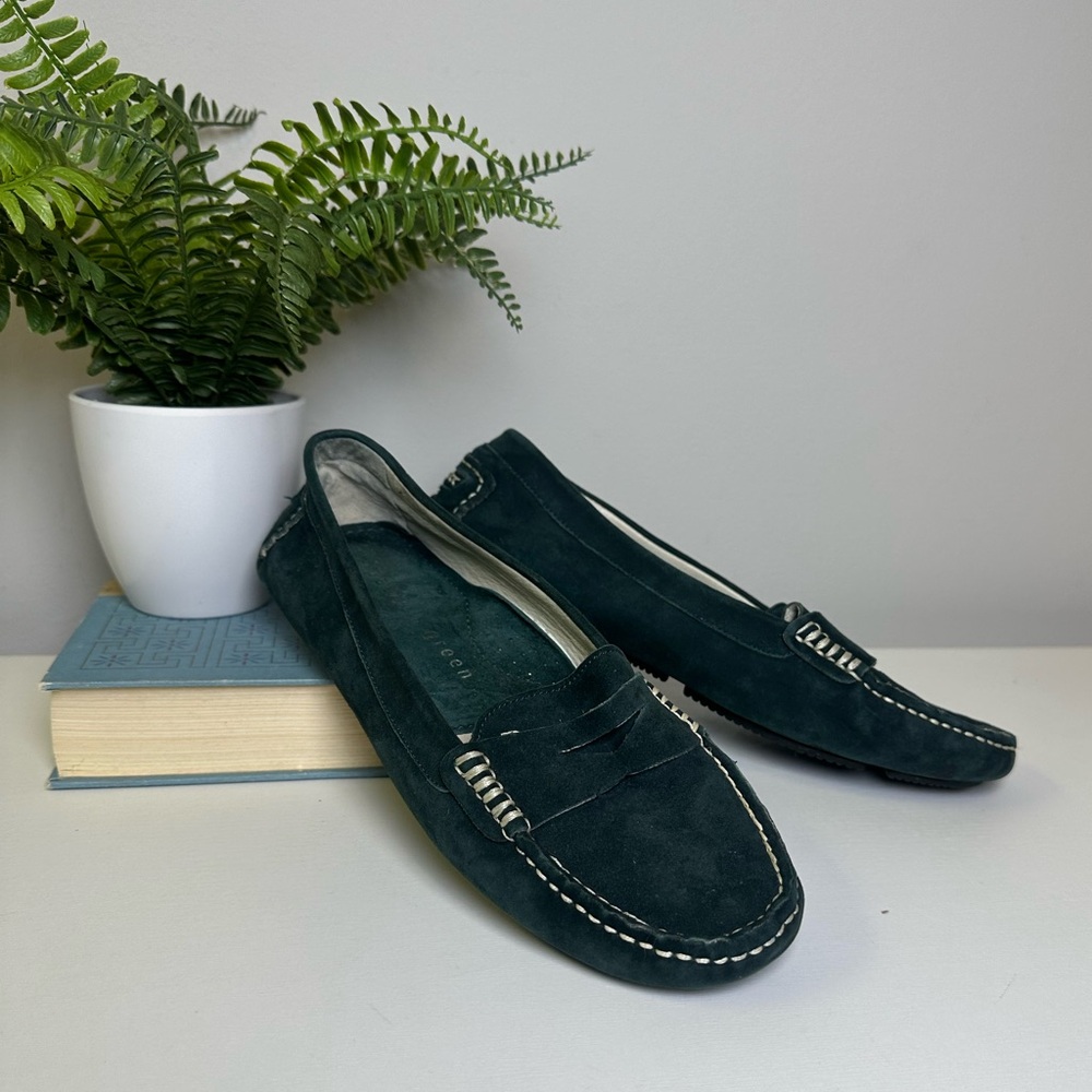 Patricia Green Suede Penny Loafer Driving Moccasin in Green Suede Sz 38